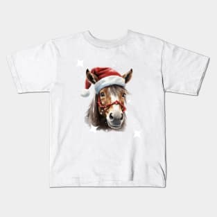 Horse-Santa Hat Christmas Stars Funny Horse Christmas Kids T-Shirt